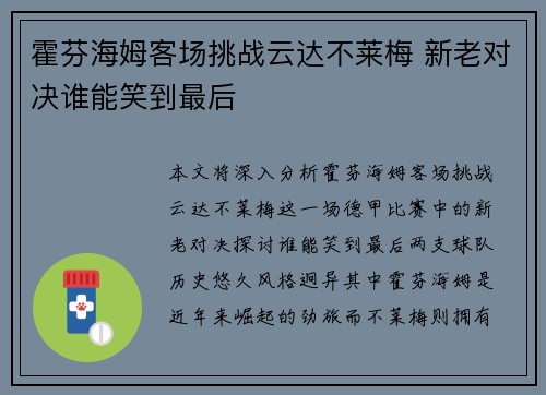 霍芬海姆客场挑战云达不莱梅 新老对决谁能笑到最后