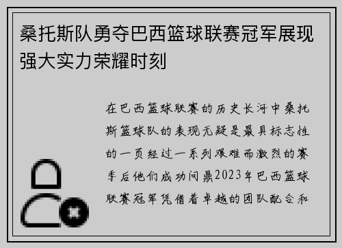 桑托斯队勇夺巴西篮球联赛冠军展现强大实力荣耀时刻