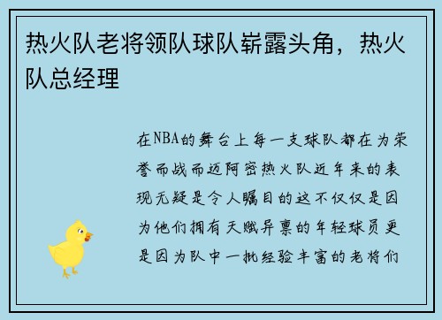 热火队老将领队球队崭露头角，热火队总经理