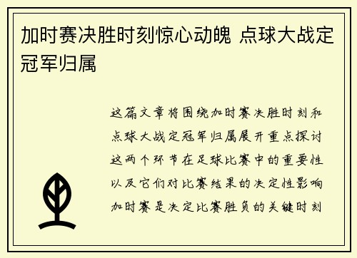 加时赛决胜时刻惊心动魄 点球大战定冠军归属