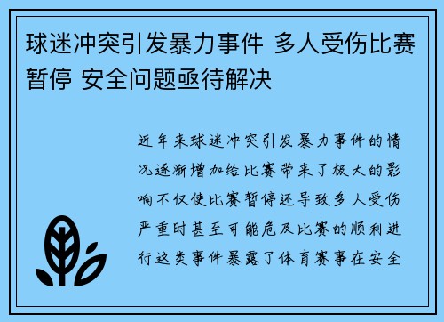 球迷冲突引发暴力事件 多人受伤比赛暂停 安全问题亟待解决